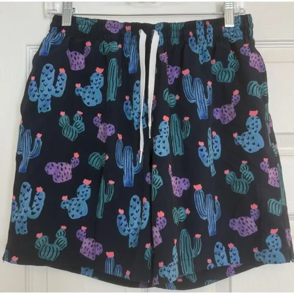Chubbies‎ Sz MED Swim Trunks Cactus Print Black Lined Drawstring 7” Inseam EUC